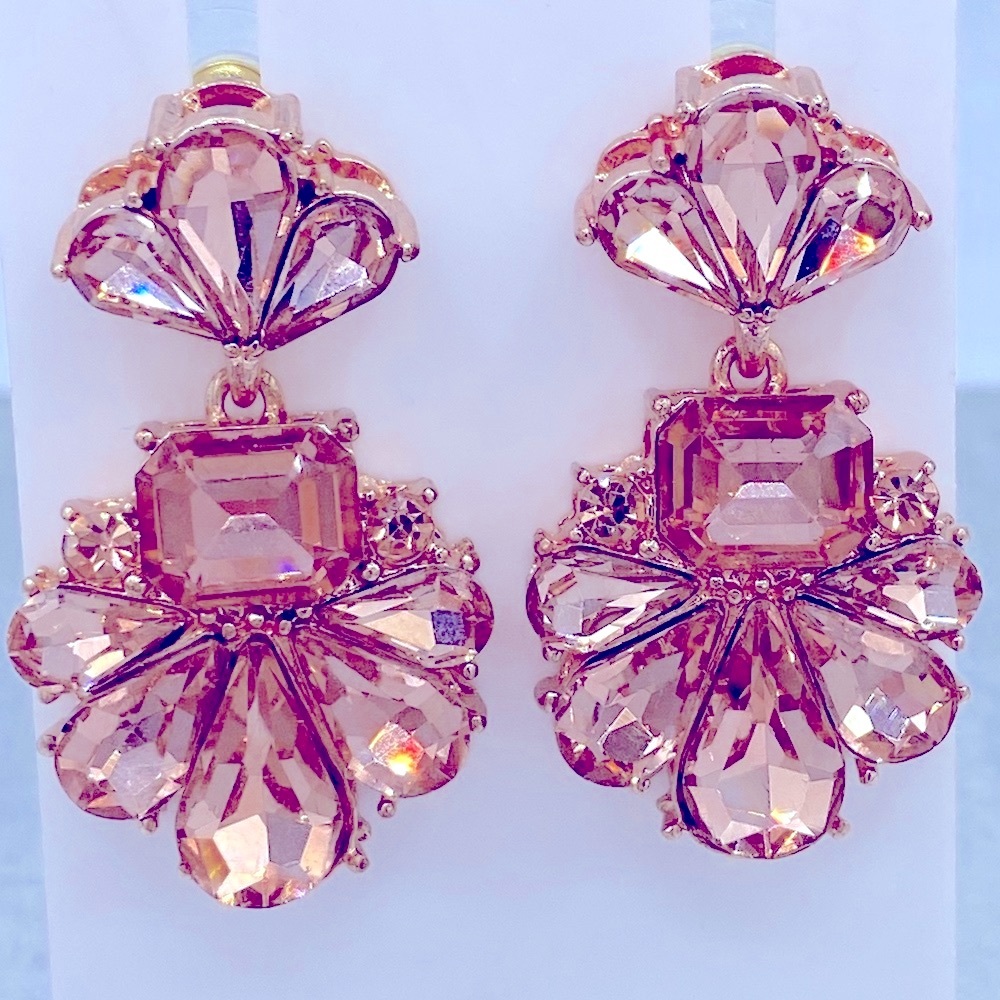 Rose Gold Tone Champaign Color Rhinestone Statement Earrings Pierced - Picture 5 of 5